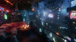  Cozy Cyberpunk Loft: Rain and Ambient Music | Cyberpunk Bedroom above the City | 4K | 10 hours