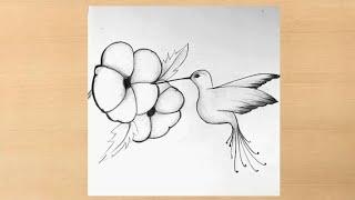 Simple pencil drawing beautiful Bird with Flower/easy bird scenery drawing