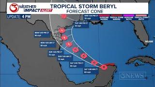 Beryl is moving back over water in the Gulf of Mexico as a tropical storm this Friday evening.