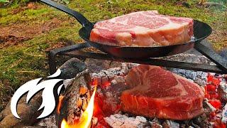Epic Steak Battle. Pan vs. Burning Coals! Which tastes better? ASMR in the woods 