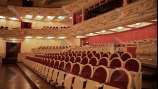 An empty hall in the theater: rows of chairs and beautiful ornaments