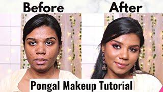 Pongal Makeup Tutorial  Pink Glitter Eyes On Dark Acne Prone Skin  தமிழில்