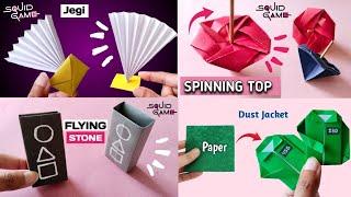 DIY ALL GAMES OF SQUIDGAME | Best paper toys | How to make paper, flying stone, Spinning Top, Jegi