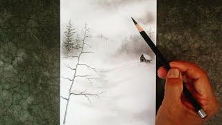 A pencil drawing of a winter landscape in Bob ross's style.