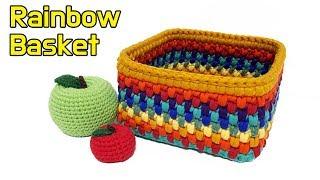 레인보우 사각바구니..잔디뜨기..겹짧은뜨기..How to crochet a rainbow basket