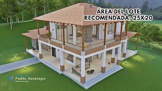 'PLANOS de CASA CAMPESTRE' 25x20 en DOS PISOS 443 M2 [4 hab] | Arq Pablo Restrepo