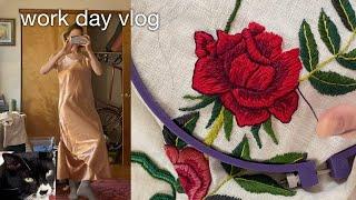 work day vlog: morning routine, embroidery, drawing, sewing, cat sabotage