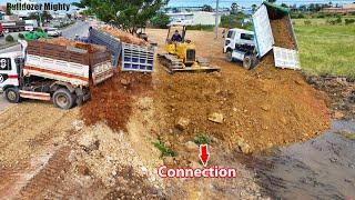 Successfully Connection, Processing Filling Up The Land huge, By Bulldozer KOMATSU, Dump Truck