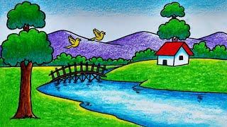 How to draw beautiful nature scenery | easy scenery drawing for beginner | ideal environment drawing