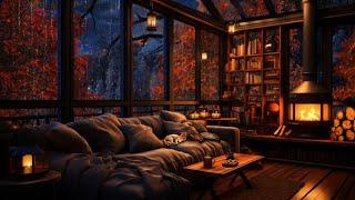  Autumn Thunderstorm with Lightning and Crackling Fireplace in a Cozy Cabin with large Windows