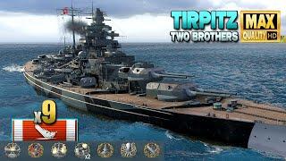 Battleship Tirpitz: 9 ships destroyed on map Two Brothers - World of Warships