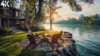 Morning Lakeside Ambience with Nature Sounds & Relaxing Campfire4K -  Relax, Study & Stress Relief