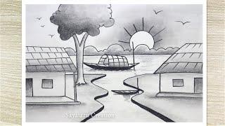 How to Draw Sunset Pencil Drawing Landscape, Sayataru Creation New Drawings