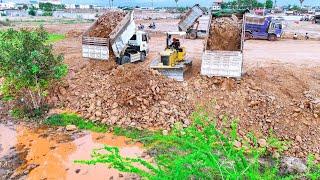 NEW UPDATE Land fill up process by 5Ton dump truck unloading soil & Dozer push soil  clear land EP2