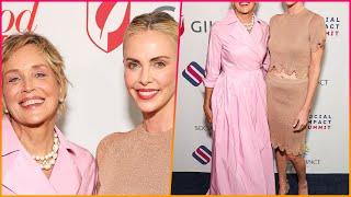 Sharon Stone, 66, looks pretty in pink, while Charlize Theron, 48, shows off her taut tummy in a