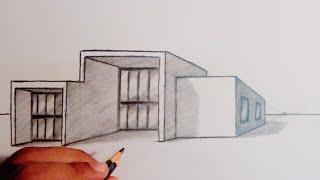 How To Draw A modern  House In 1 Point Perspective