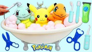 Pokemon Pikachu, Squirtle, and Charmander Go To Groomers for a Bubble Bath & Wash!