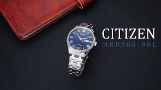 Review đồng hồ Citizen NH8360-80L nền cọc số la mã mạ bạc trên nền mặt số xanh kích thước 41mm.