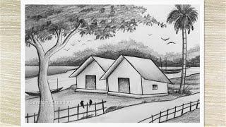 How to draw Village Landscape with Pencil, Pencil Shading Drawing for Beginners