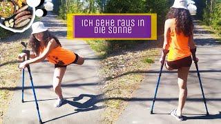 Amputee girl takes a walk with crutches on a sunny day |Amputierte Frau |Amputee woman 2020