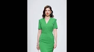 Green V Neck Vintage Short Sleeve Slim Waist 1940S Dress