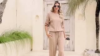 Women's Ribbed 2 Piece Outfits Puff Sleeve Tops and Drawstring Pants