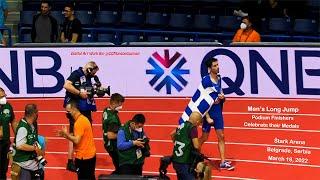 Men's Long Jump Podium Finishers Celebrate their Medals.  Štark Arena, Belgrade, Serbia. March 2022.