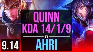 QUINN vs AHRI (TOP) | KDA 14/1/9, 2 early solo kills, Legendary | BR Master | v9.14