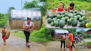 Single mother - harvesting melons, holding children, carrying a giant jar