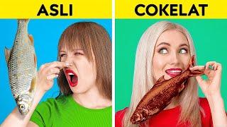 TANTANGAN MAKANAN ASLI VS COKELAT || Makanan Manis 24 Jam! Yang Terakhir Kalah oleh 123 GO Like!