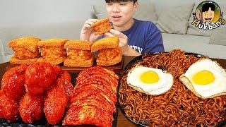 ASMR MUKBANG | Fried Chicken, fried egg, black bean noodles, kimchi Korean Food recipe ! eating