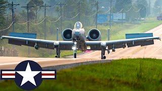 USAF. Highway landing. A-10 Thunderbolt II attack aircraft during military exercises.