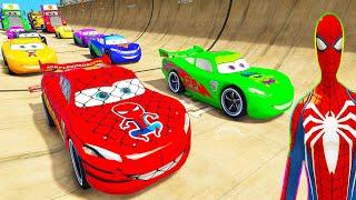 SPIDERMAN McQueen Vs MACK TRUCK MEGA RAMP Challenge ! SUPERHERO HULK Disney MONSTER Trucks- GTA V