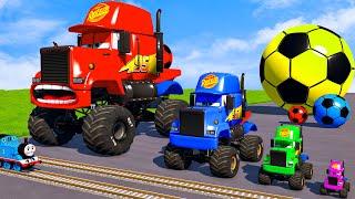 4 MONSTER TRUCKS vs Big & Small Long Mack Truck with Ball vs Train Thomas - BeamNG.Drive