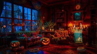 Cozy Haunted House Halloween Ambience with Relaxing Crackling Fireplace & Rain Sounds, White Noise