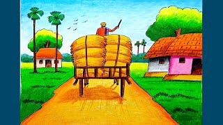 Village scenery drawing with bullock cart step by step/Village scenery drawing colour