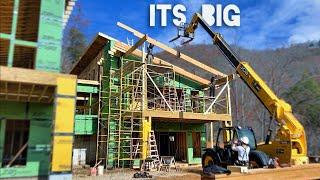 Construction of a MEGA sized Modern Home PT 59 | Mega Porch Roof Framing