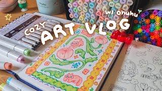 cozy art vlog // ohuhu art markers ASMR  colorful sketchbook spreads, art supply haul