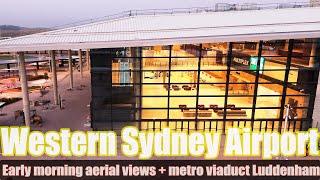 Aerial views of the new Western Sydney Airport and flyover of metro station and viaduct at Luddenham