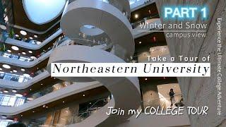 Campus Tour Northeastern University Boston MA in cold snow day, campus building walling tour