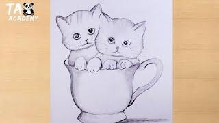 Cute kittens inside Cup pencildrawing scenery@TaposhiartsAcademy