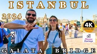 Istanbul Galata Bridge & Eminonu 4K Walking Tour | Food Spots, Seafood, Fishing, People | July 2024