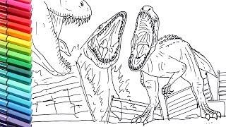 Drawing and Coloring Indominus Rex VS Mosasaur VS T Rex - Draw Jurassic World Dinosaurs Battle