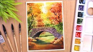 Watercolor painting for beginners Autumn Trees and Bridge Landscape