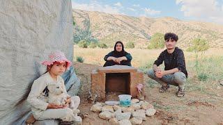 Construction of shelter by nomadic grandmother and operator for little puppy