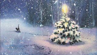 The escaping mysteries of Christmas. Amazing winter forest and cat in watercolor