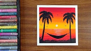 Sunset drawing with Oil pastel | Oil pastel drawing | Nature drawing