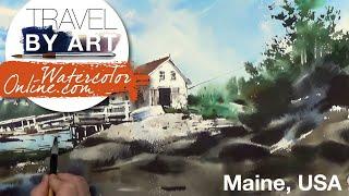 #136 Travel By Art, Ep. 11: Cinematic Barn in Maine, USA (Watercolor Landscape Tutorial)