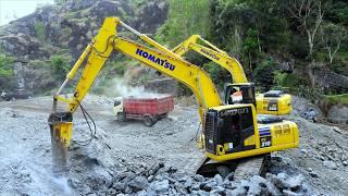 Construction Equipment Excavator Trucks Digging Rocks Building A New Road