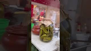 Street food!  Meat with hot soak, pickles and tea from a samovar!